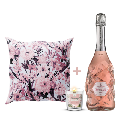 Просеко Rose Organic + свещ HARMONY + възглавница PINK FLOWERS